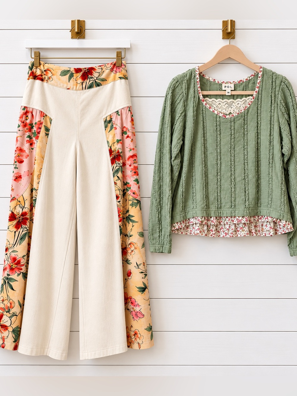 POL SET: Cream and Floral Wide-Leg Pants and Sage and floral accented shirt